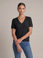  Top donna in lino cotone con scollo a V nero