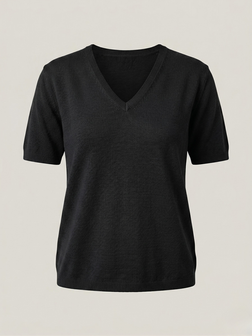  Top donna in lino cotone con scollo a V nero