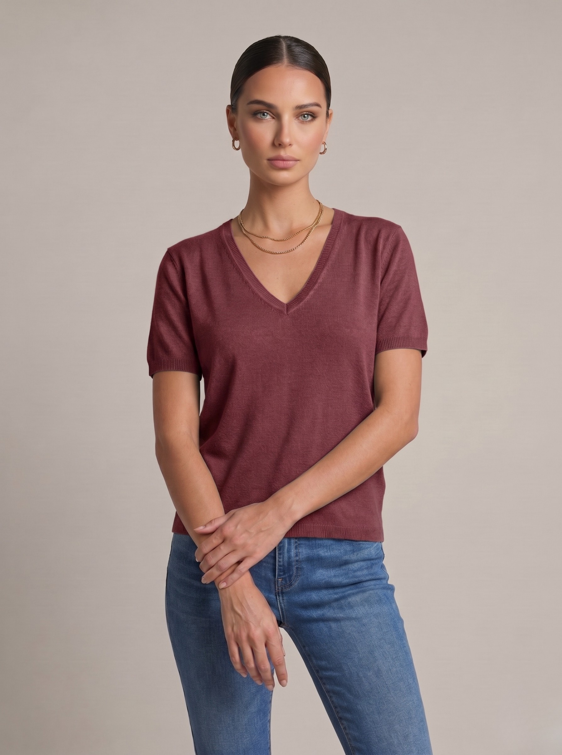  Top donna in lino cotone con scollo a V fucsia berry