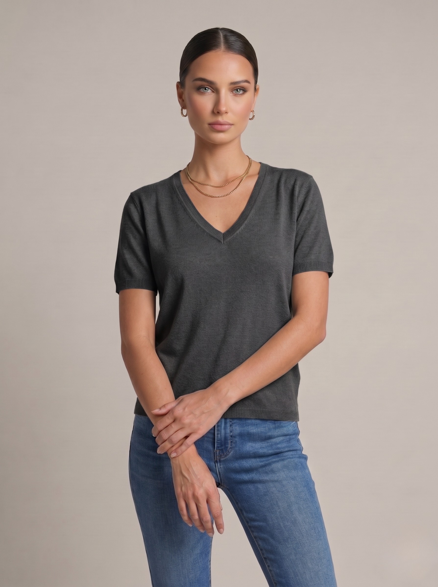 Top donna in lino cotone con scollo a V moka