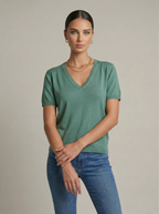 Top donna in lino cotone con scollo a V verde salvia 
