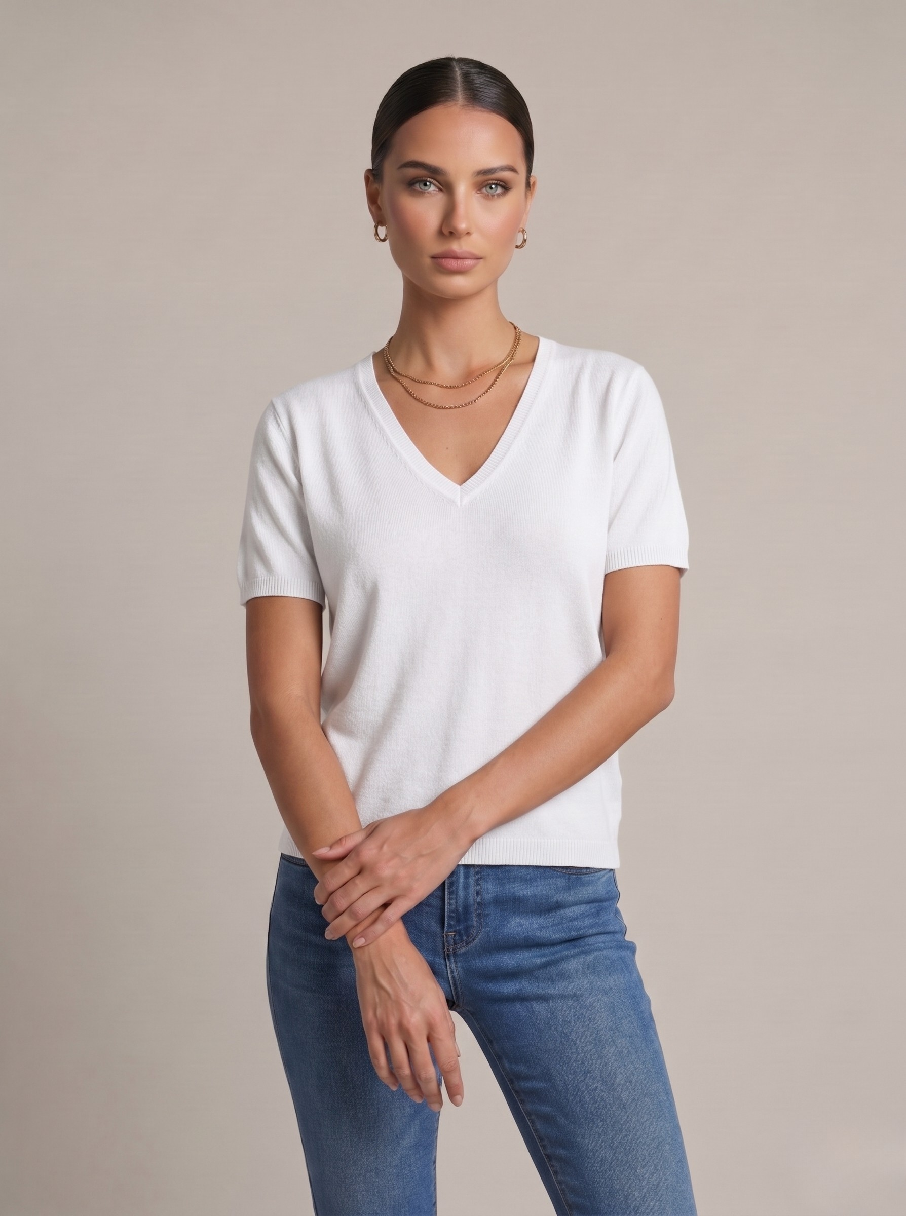  Top donna in lino cotone con scollo a V white