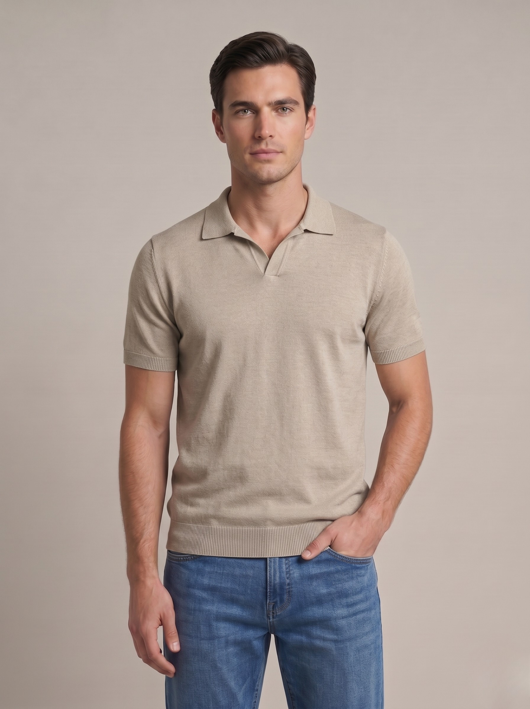 Polo uomo in fresco cotone mezza manica beige sabbia