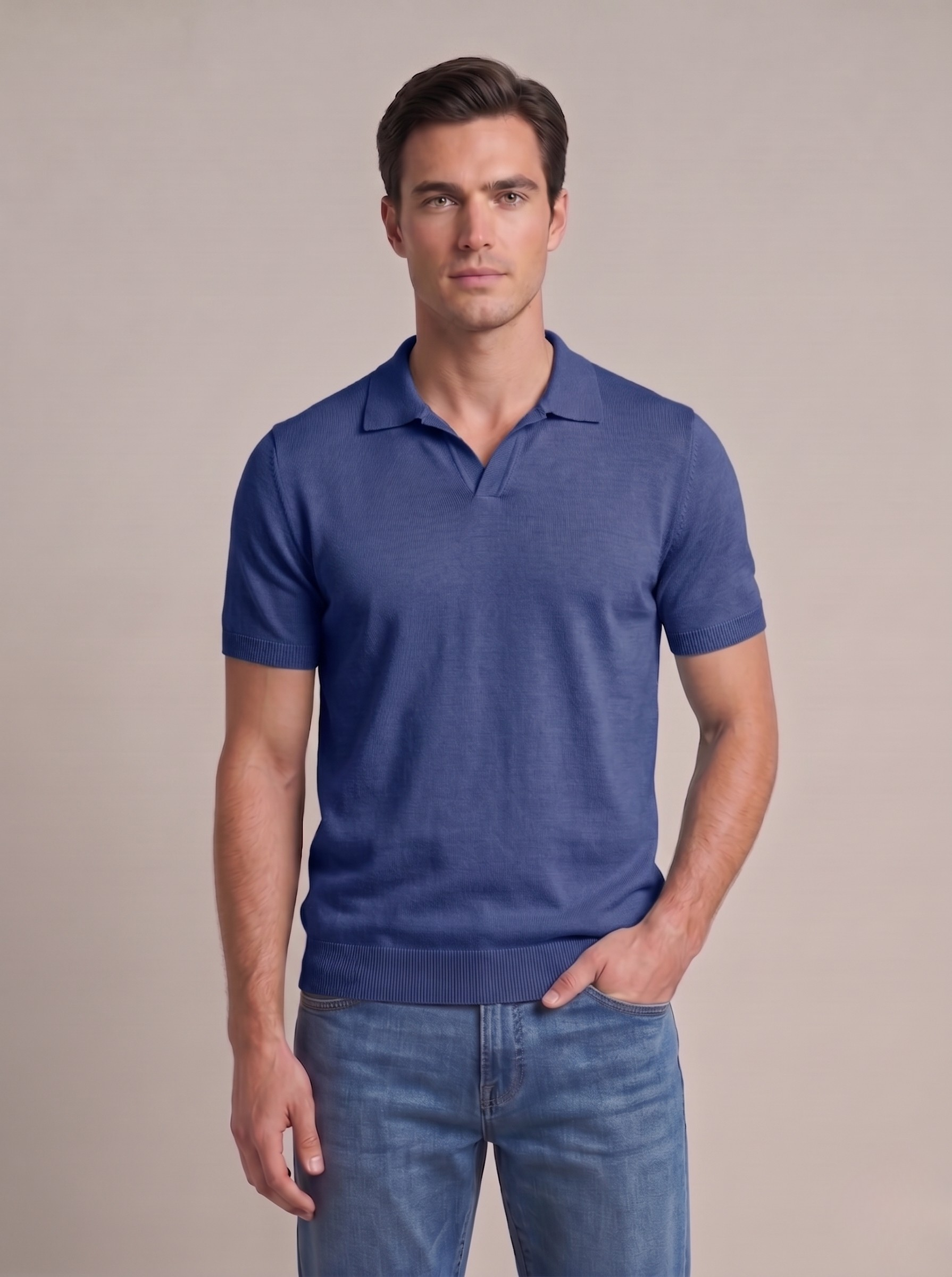 Polo uomo in fresco cotone mezza manica blu avio