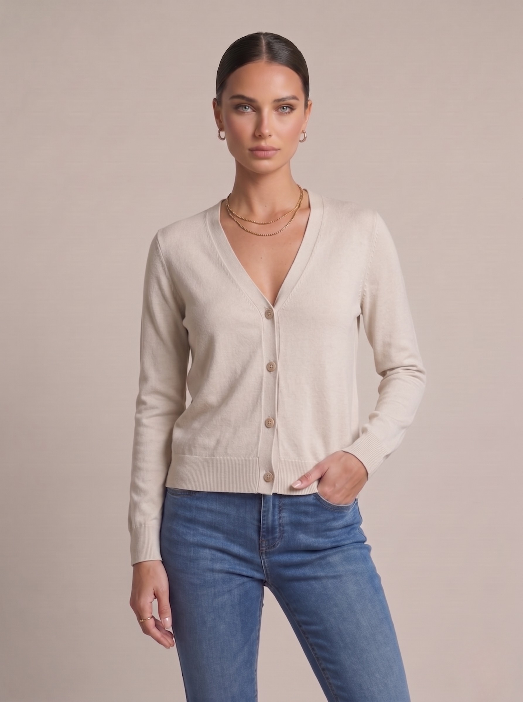  Cardigan donna in cotone con bottoni beige chiaro