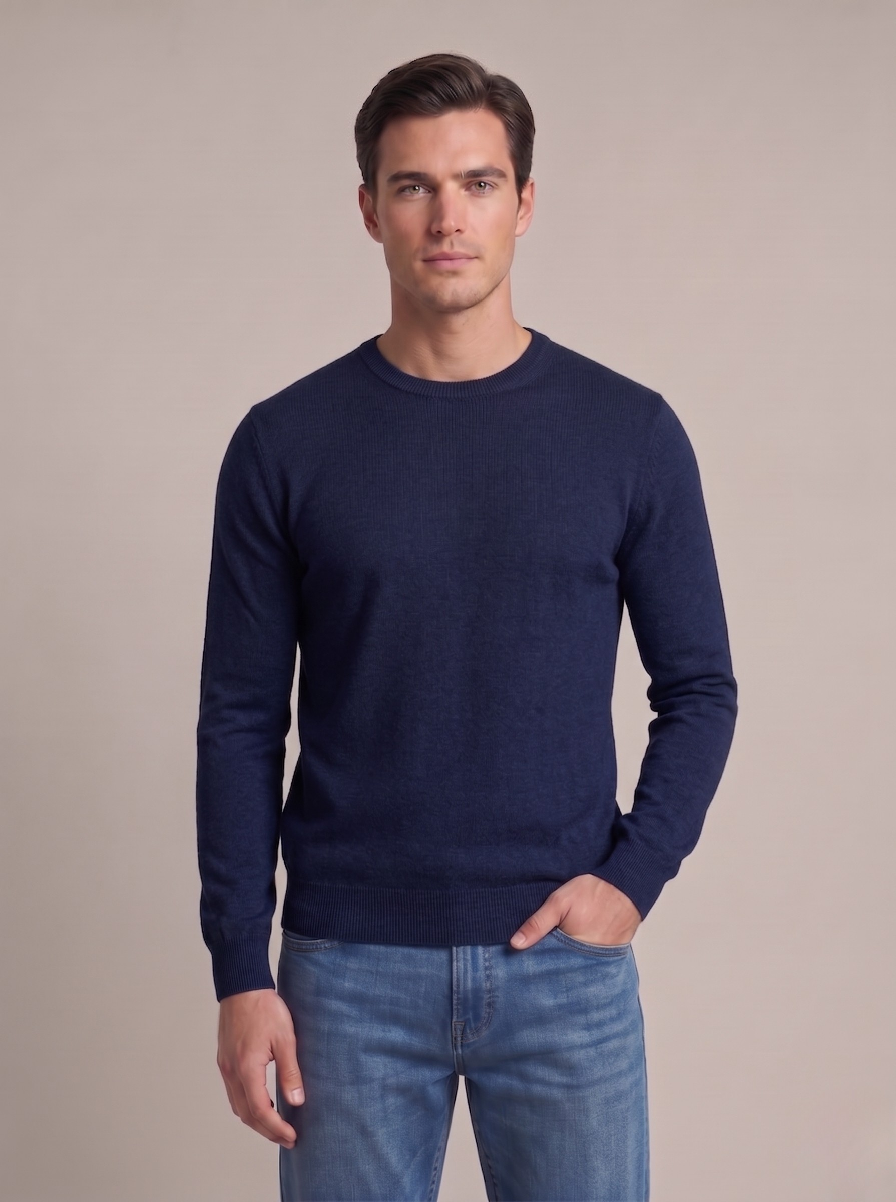 Pullover uomo girocollo in cotone blu navy