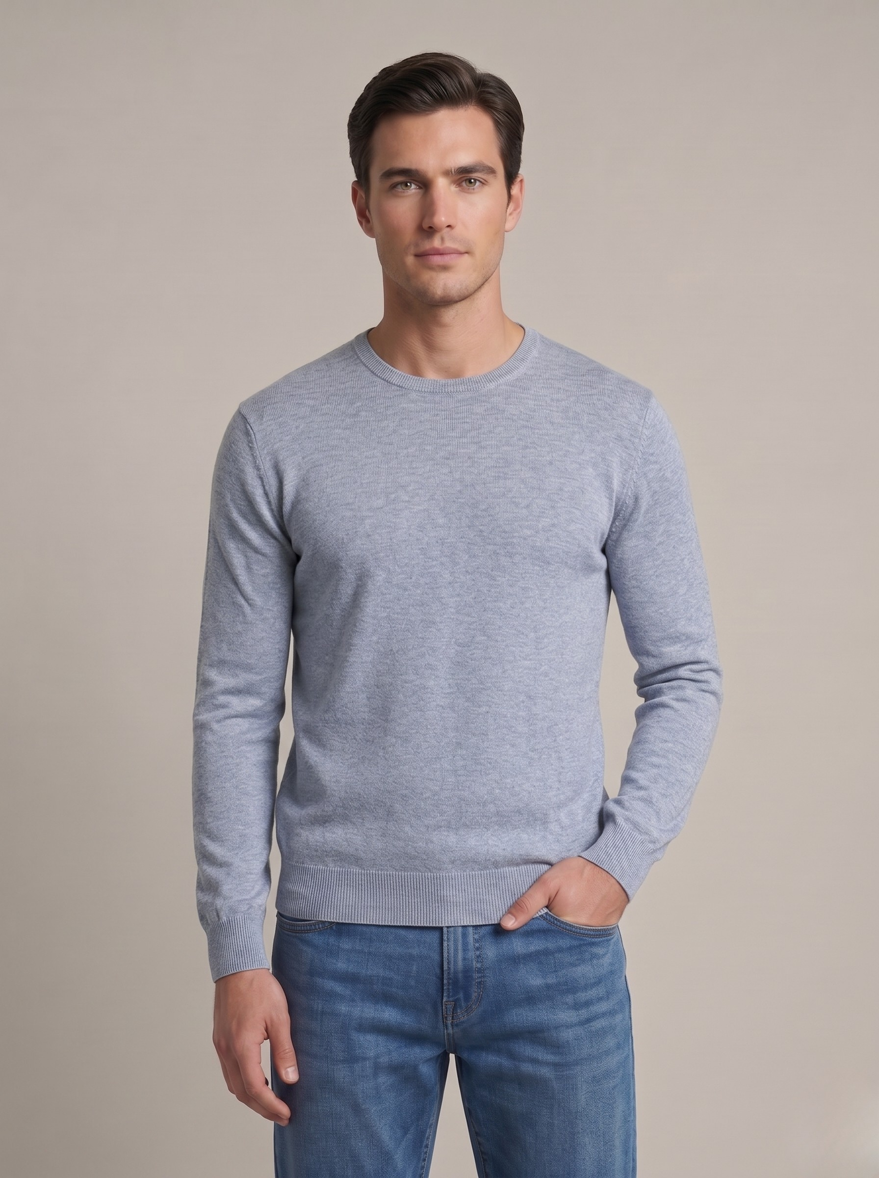 Pullover uomo girocollo in cotone grigio chiaro melange