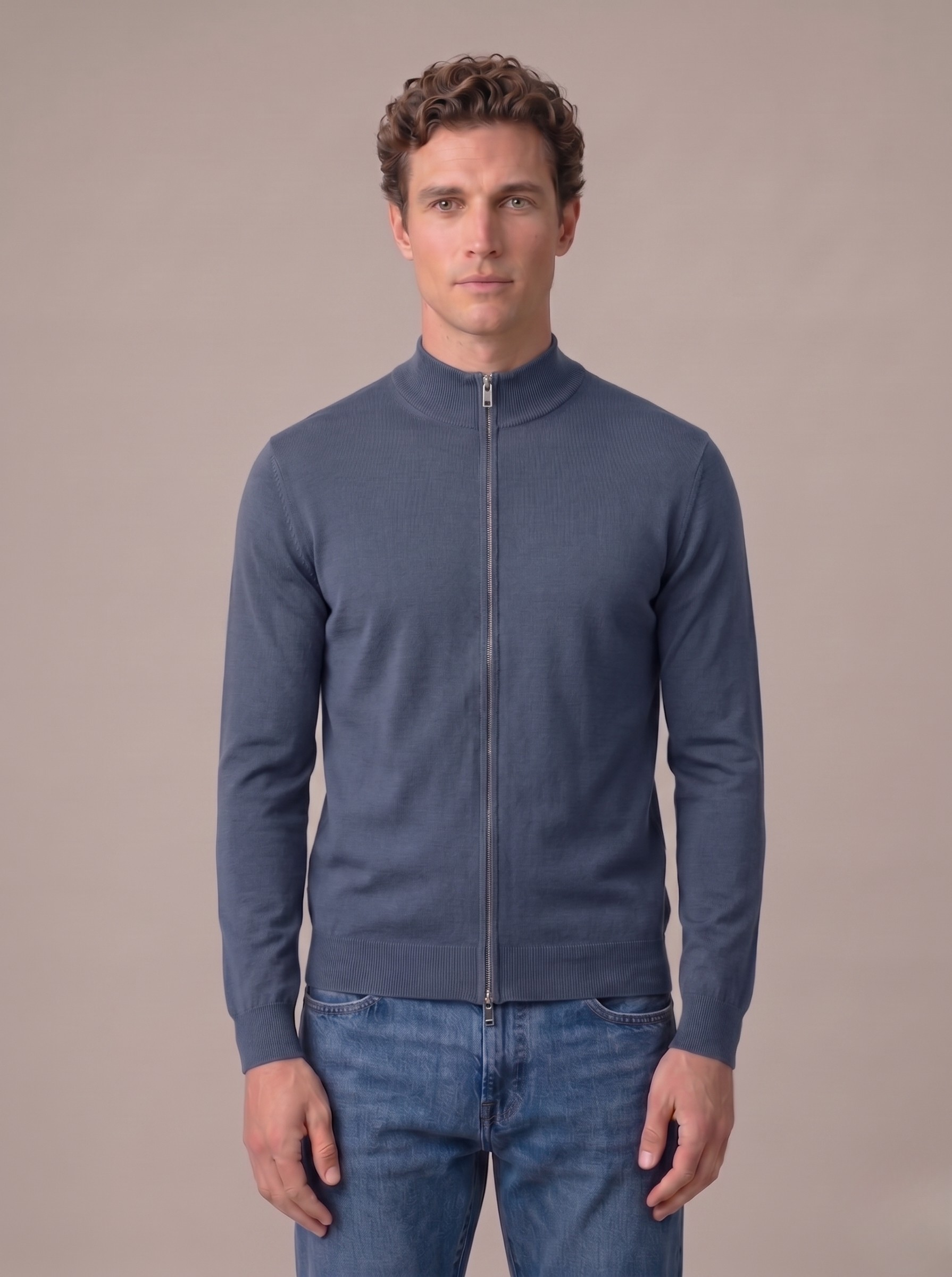 Cardigan uomo full zip in cotone con collo alto blu navy