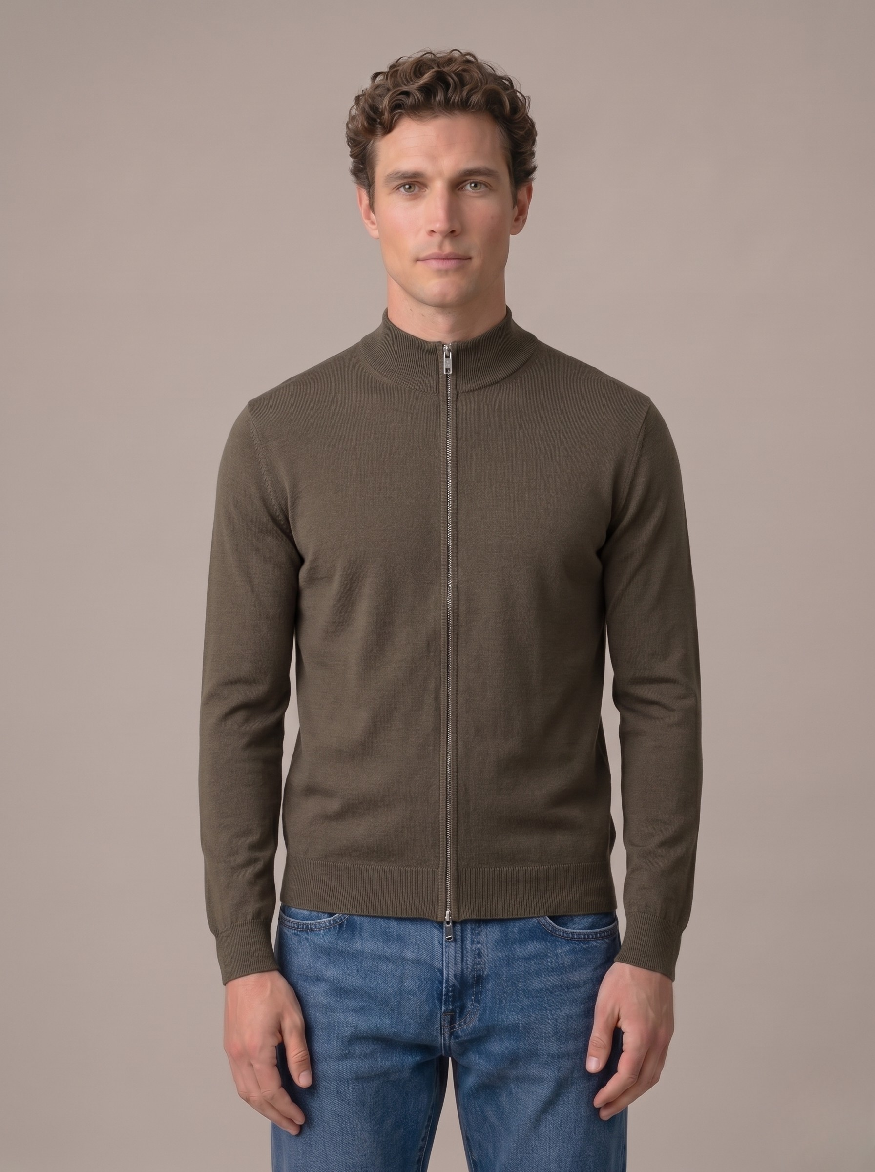 Cardigan uomo full zip in cotone con collo alto moka tortora