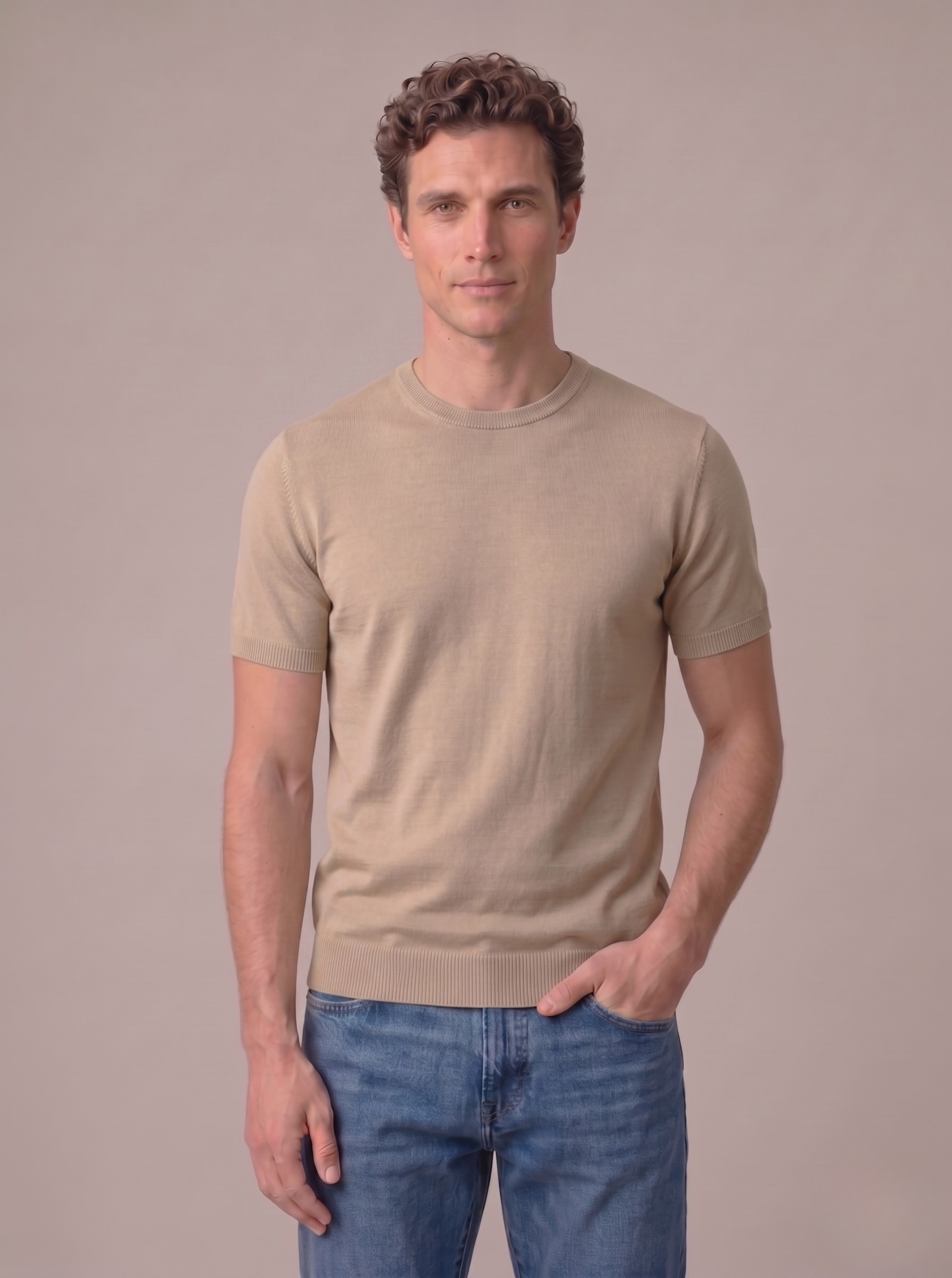 T-shirt uomo in fresco cotone mezza manica beige sabbia